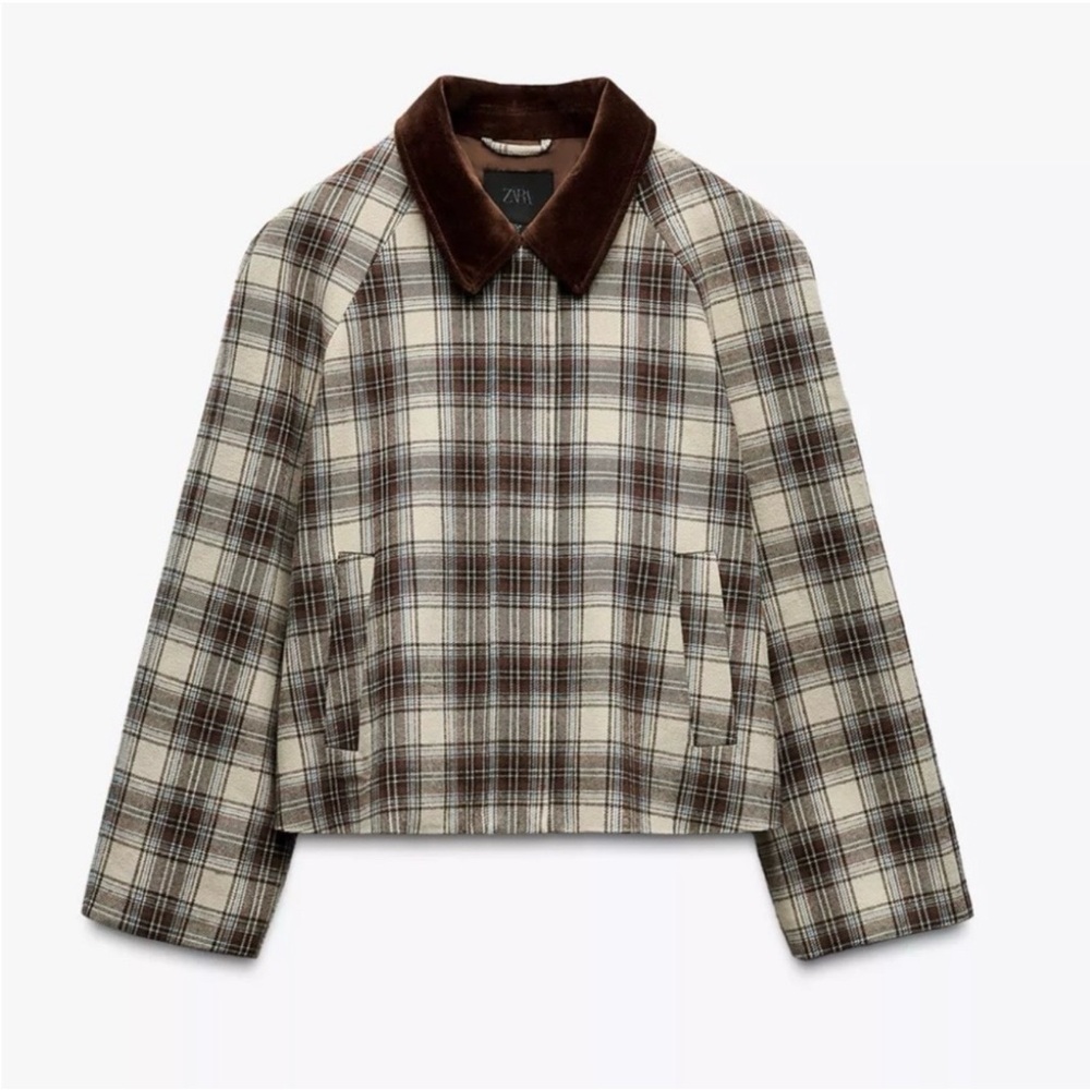Zara Plaid Bomber Jacket in Brown and Cream with Corduroy Collar
